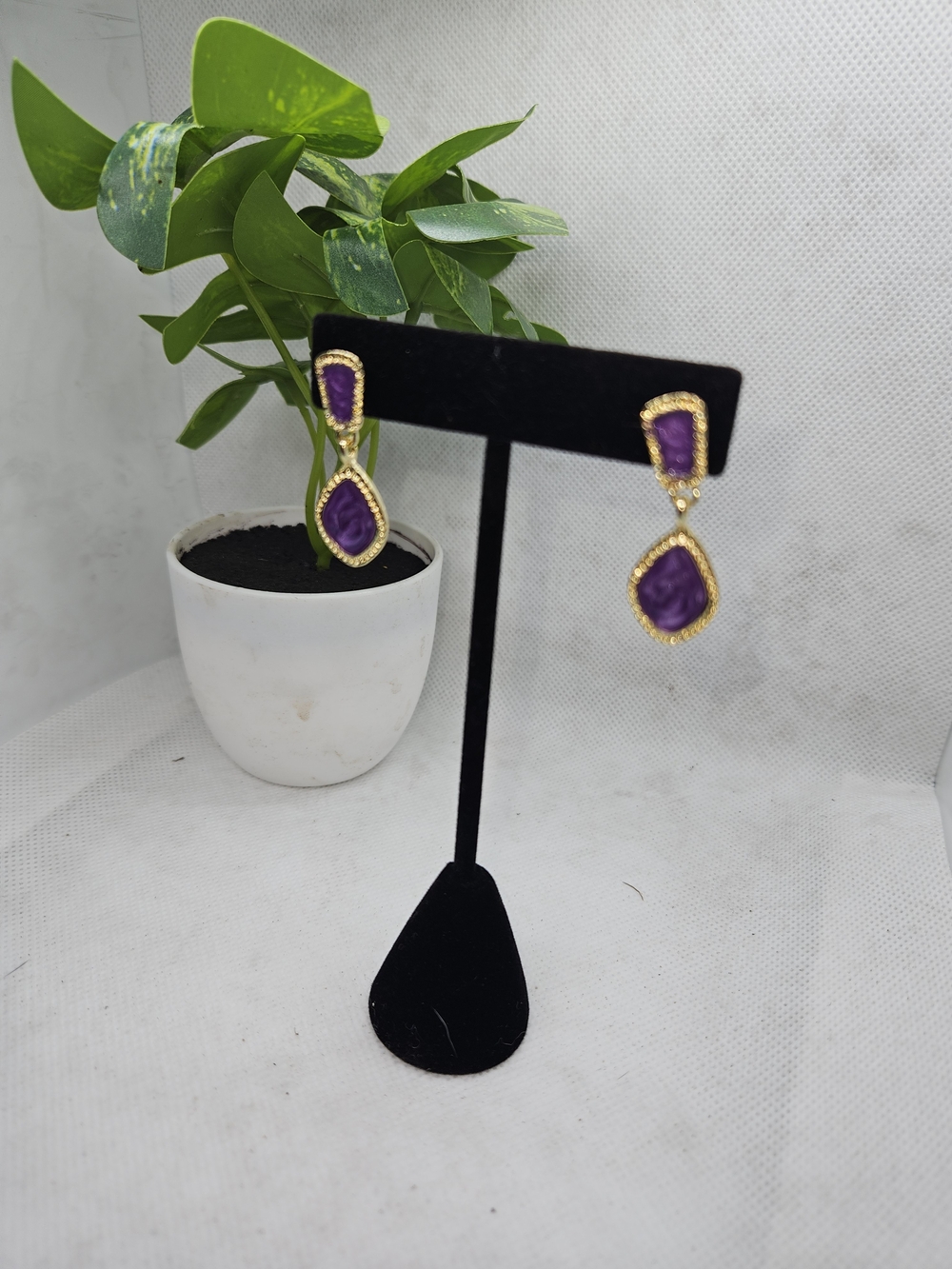 Gold-Trim Purple Drop Earrings — Statement Women's Jewelry